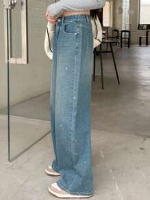 DAZY Women's Casual Loose Pockets Denim Wide-Leg Jeans Sequin