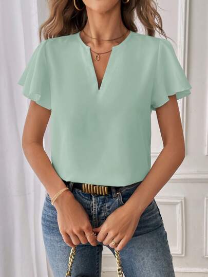 SHEIN Essnce Women's Casual Office Notched Neck Solid Color Shirt