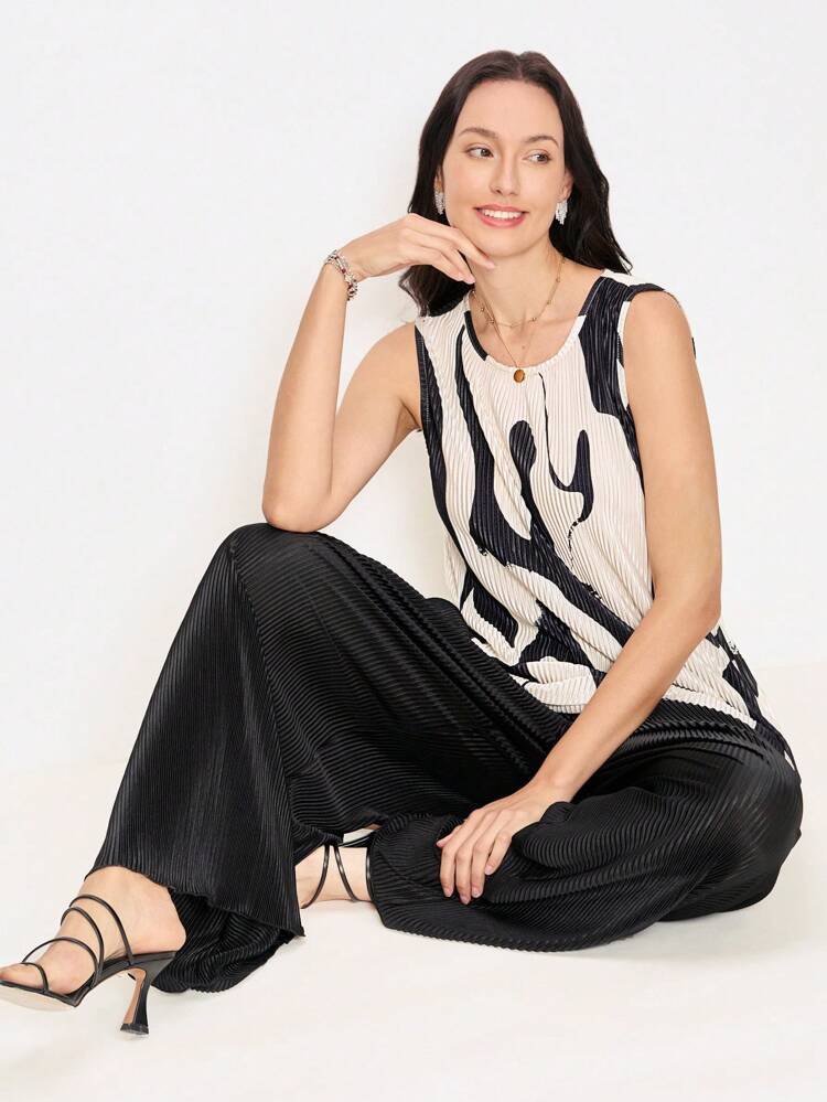 2pcs Women Casual Printed Round Neck Sleeveless Top And Pants Set