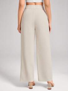 SHEIN LUNE 女式高腰半开亚麻棉混纺休闲度假优雅直筒裤 - 杏色 - 查看 6