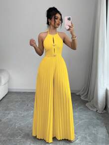 SHEIN Privé Elegante abrikooskleurige halter met strik aan de voorkant, uitgeholde metalen strass-strik, geplooide wijde damesjumpbroek
