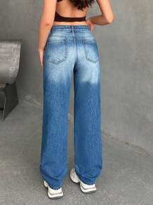 EURMUSE 休闲洗水低腰直筒牛仔裤 - 中等水洗藍 - 查看 2