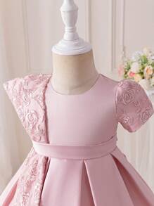 SHEIN Glamorique Kids Baby Girls' Rose Embroidered Satin High-Low Skirt Party Princess Dress, Elegant For Birthday, Banquet, Wedding Elegant Dresses For Baby Girls Party Dresses Baby - Pink - View 5