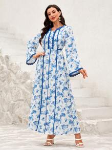 Al Najma 1 pezzo Abito per donna con maniche a campana, legatura in vita e bordi a contrasto in stile arabo, adatto per la primavera/estate, di stile modesto