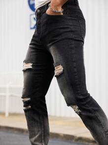 Manfinity Homme Men's Black Denim Ripped Jeans: Stylish Distressed Long Jeans With Zipper Detail - Black - View 3