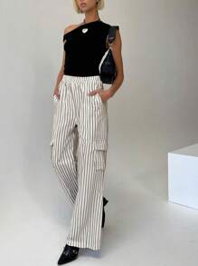 SHEIN Essnce Cargo 女士休闲条纹低腰通勤工装裤 - 白色 - 查看 6