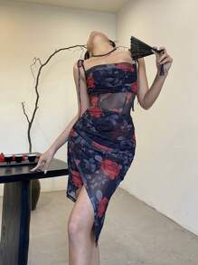 EastFlair 女士花卉印花垂坠修身中长吊带连衣裙 - 黑色 - 查看 2