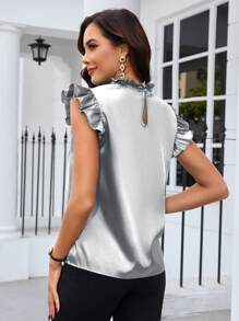 SHEIN Clasi Women's Solid Color Ruffle Collar Loose Elegant Satin Cap Sleeve Blouse