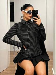 SHEIN ICON 长袖条纹后背系带可调节衬衫夏季春季女士演唱会女装工作办公室
