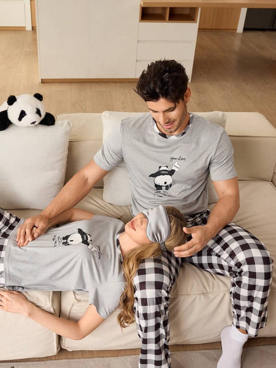 2pcs Men Panda Print Short Sleeve Top And Plaid Long Pants Pajama Set - Light Grey - View 1