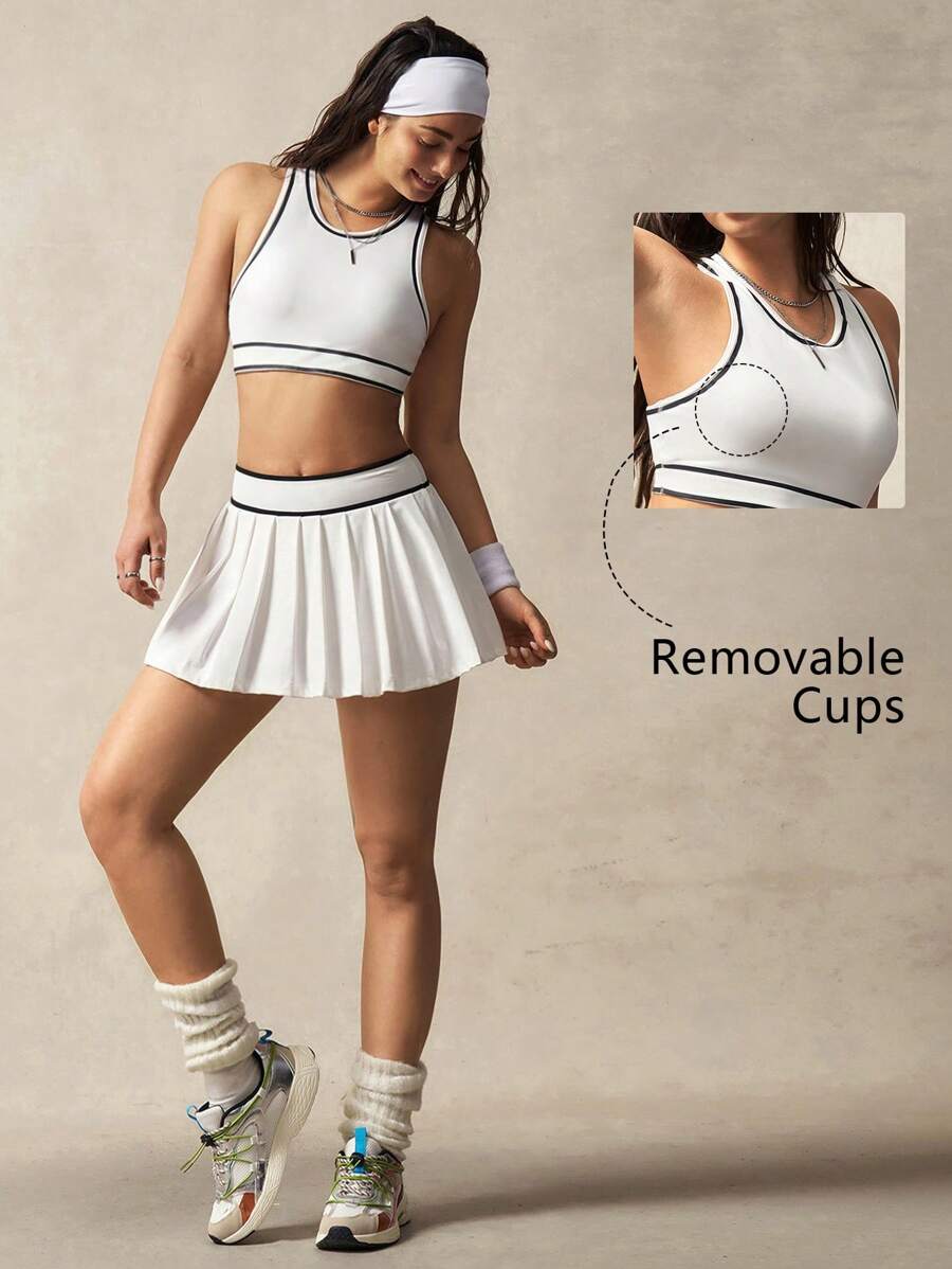 VARSITIE Monochrome Striped Cropped Tight-Fitting Sports Tank Top - White - View 1