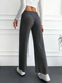 EURMUSE Cotton Solid Ribbed Knit Straight Leg Pants - Dark Grey - View 2