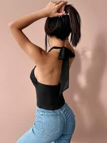 Glamine Women's Black Elegant 3D Floral Halter Backless Fitted Tank Top,Crop Top,Black Top,Going Out Tops,Summer Tops,Crop Tops - Black - View 2