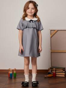 PrepCrw Young Girls' Spring Summer School Style Grey-Blue Woven A-Line Contrast White Collar Dress - Blue - View 5