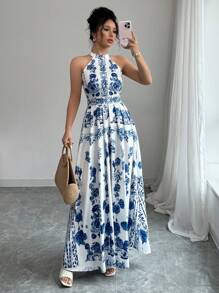 Elenzga 女士花卉印花吊带长裙，夏季假日 - 藍白色 - 查看 1