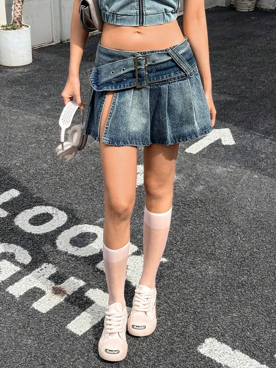 SHEIN EZwear 女士牛仔 A 字裙,低腰侧开衩百褶迷你裙,蓝色 - 中等水洗藍 - 查看 1