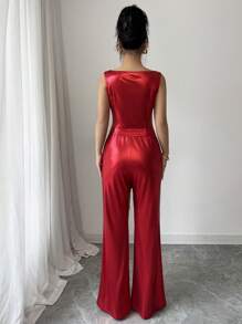 Elenzga High-End Design Sleeveless Top And Wide Leg Glossy Red Pants Elegant Slim-Fit Fashion Set - Red - View 2