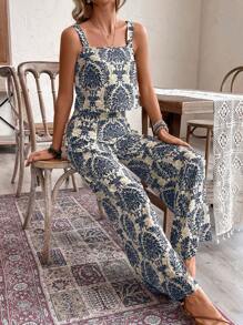 EMERY ROSE 2pcs/Set Women Vacation Outfit, Camisole Top + Print Pants