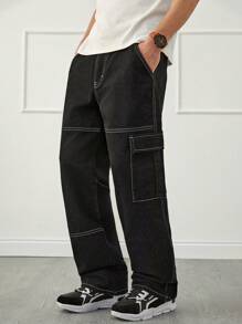 RueChic Men Dark Washed Contrast Stitch Cargo Pockets Straight Fit Jeans - Black - View 6