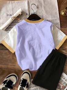 SHEIN Leap Crew 2 件套年轻女孩休闲简约短袖 T 恤和短裤夏季服装 - 白色 - 查看 2