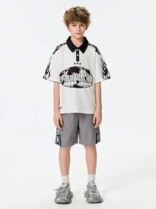 SHEIN Explorewe Tween Boys Casual Letter Graphic Ribbon Decor Shorts - Grey - View 4
