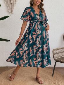 SHEIN Maternity V-Neck Allover Print Dress, Versatile For Commuting - Blue - View 4