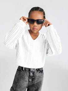SHEIN Camiseta corta de punto acanalado con cuello en V y hombros caídos para niña preadolescente en Acción de Gracias - Blanco - Ver 5
