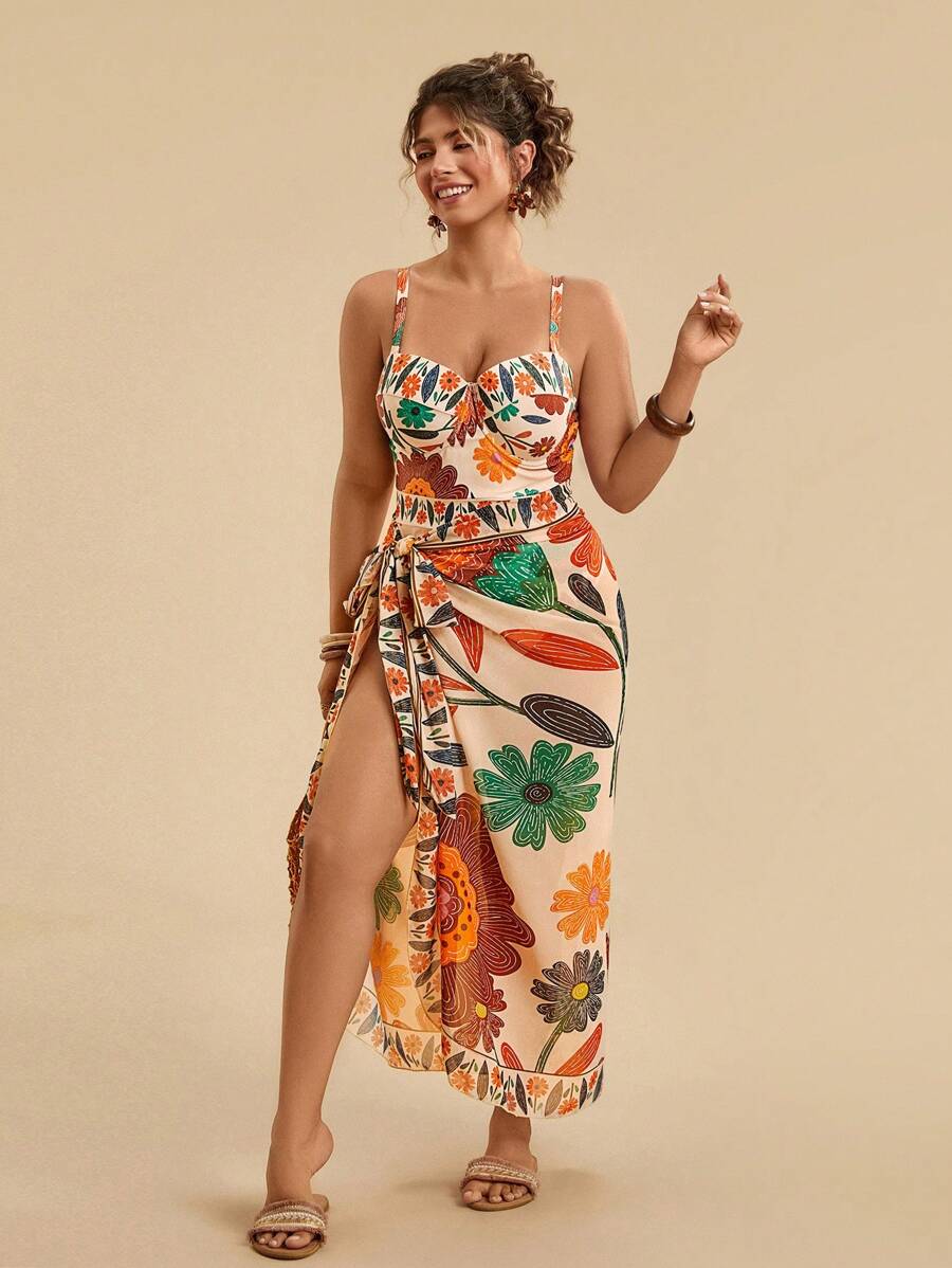 Travachic Plus Size Floral Print Spaghetti Strap One Piece Swimwear Set With Tied Bow Long Swimwear Cover Up For Women, Vacation Casual Beach Style Country Concert Outfit