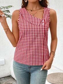 EMERY ROSE 夏季休闲简约白色短袖亚麻女士衬衫适合母亲节或工作 格子上衣格子上衣红白上衣女士红色上衣>休闲 - 紅白色 - 查看 5