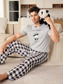 2pcs Men Panda Print Short Sleeve Top And Plaid Long Pants Pajama Set - Light Grey - View 5