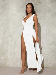 SHEIN SXY 女士时尚性感纯色深 V 领高开衩无袖连衣裙 - 白色 - 查看 4