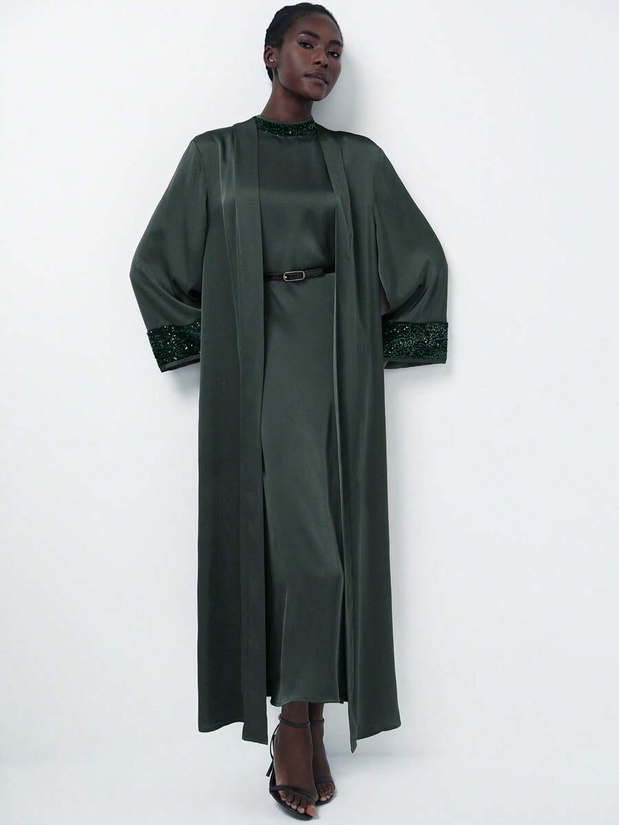 Aveloria Modichic 优质缎面闪光饰边高领无袖连衣裙，带拼接亮片长袖阿巴雅阿拉伯服装套装，深栗红色 - 墨綠色 - 查看 1