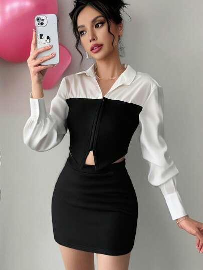 SHEIN Privé 女士优雅浪漫时尚通勤性感迷人风格衬衫，适合派对、度假、浪漫约会、婚礼和生日派对，黑白撞色修身衬衫