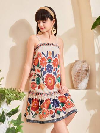 Tween 女童热带花卉印花宽松中长连衣裙，无袖海滩度假连衣裙，适合夏季、海滩、旅行