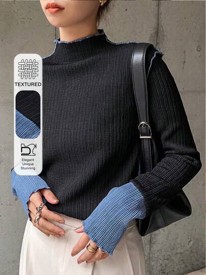 FRIFUL 女式休闲漏斗领撞色缝线长袖 T 恤，秋季版