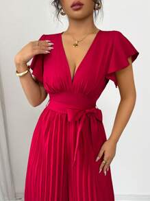 Elenzga Nuevo mono para mujer con cuello en V, mangas campana con volantes, pierna ancha fruncida, estilo ceñido y acampanado, para uso casual, viajes, fiestas, citas, elegante y de ajuste ceñido