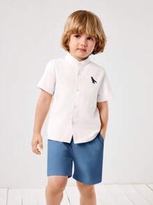 SHEIN Leap Crew 2pcs/Set Toddler Boy Plain Short Sleeve Shirt And Shorts Set, Simple And Fashionable, Suitable For Summer
