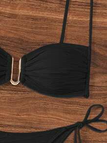 SHEIN Swim Bikini de dos piezas de unicolor con textura para vacaciones en la playa - Negro - Ver 3