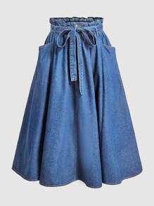 SHEIN MOD Blue Plus Size Denim Skirt Sweet Long Skirt Bow Waistband Elastic Waistband Sweet And Elegant Skirt - Light Wash - View 5