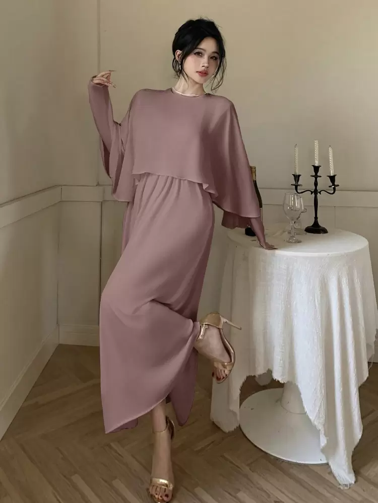 Robe de soirée mi-longue en mousseline pour femmes, robe élégante à manches longues pour le printemps/automne