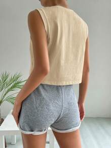 SHEIN Essnce 宽肩带休闲短款背心，简约时尚，适合夏季 - 米色 - 查看 2