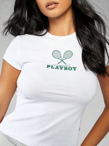 Missguided x Playboy 网球拍标志短款 T 恤运动休闲短袖修身 T 恤运动服复古街头服饰夏季春季健身上衣 - 白色 - 查看 6