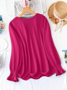 SHEIN Clasi Áo sơ mi tay raglan trơn thường ngày cỡ lớn cho khu nghỉ dưỡng - Màu Hồng Tươi - Xem 2