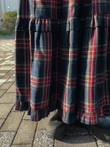 FRIFUL 女士弹力腰格子荷叶边宽松长款休闲A字裙 - 紅色 - 查看 6