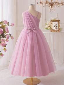 SHEIN Glamorique Kids Tween Girls Sleeveless Ruched Waist Long Dress, Elegant Design For Party, Wedding, Events