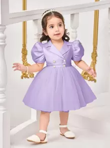 SHEIN Babygirl Summer Cute Satin Purple Short Sleeve Dress & Mesh Skirt Set - Mauve Purple - View 1