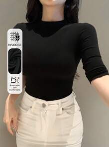DAZY Autumn New Slim Fit Women Ribbed Knit Round Neck Short Sleeve T-Shirt