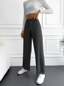 EURMUSE Cotton Solid Ribbed Knit Straight Leg Pants - Dark Grey - View 4