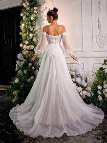 Glamrae 优雅奢华的3D刺绣蕾丝薄纱美人鱼裙摆礼服，拖尾长度，适合婚礼、派对、蜜月、新娘礼服、婚纱、情人节等场合。 - 米色 - 查看 4