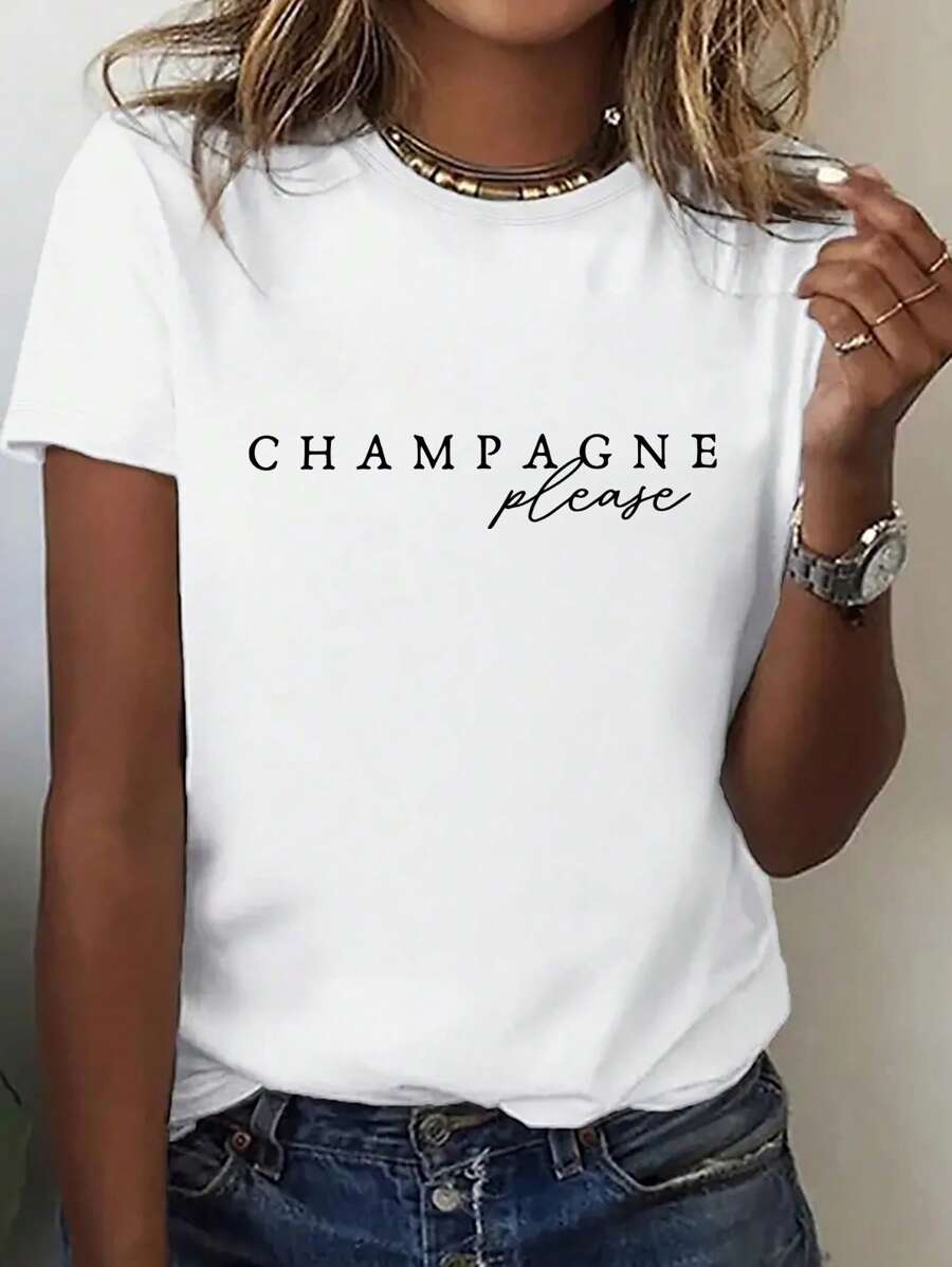 INAWLY 女士休闲简约字母印花圆领短袖 T 恤